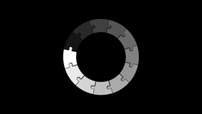 Animation of white puzzle icon that are arranged around each other in a circle on black background. Indicator for loading progress. Seamless looping. Video animated background.
