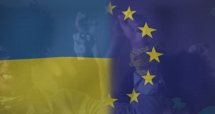 Animation of flag of ukraine and european union over african american male protester. ukraine crisis and international politics concept digitally generated video.