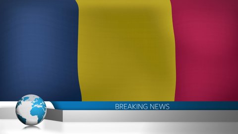 Animation of globe and breaking news over flag of romania. ukraine crisis, news and international politics concept digitally generated video.