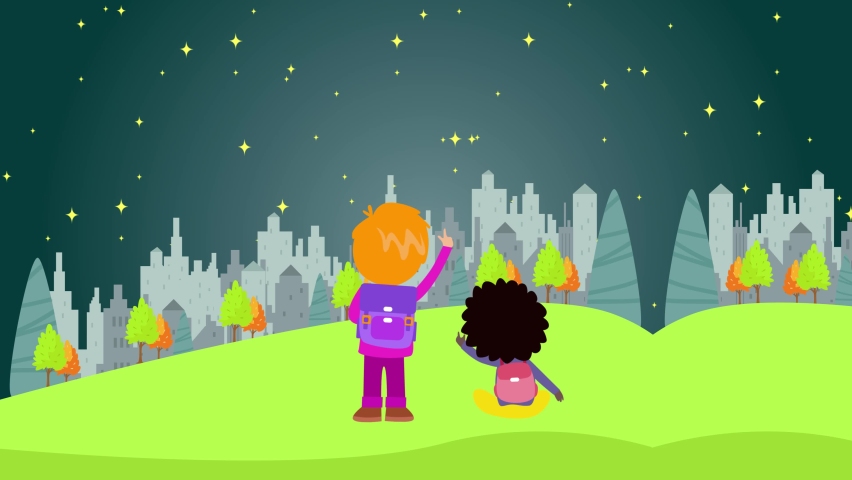 Two little children animation looking at fireworks together on the night sky at the park. Cartoon in 4k resolution