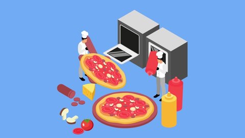 Two chefs animation preparing an italian dish of pizza while standing with oven. Cartoon in 4k resolution