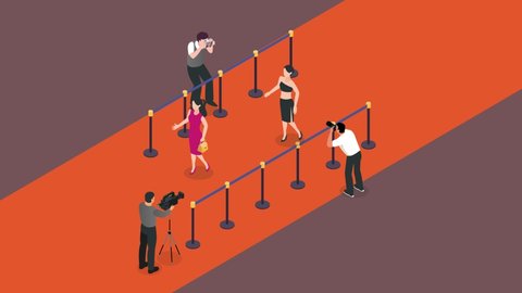 Two female models animation walking along the red carpet near photographers at fashion show events. Cartoon in 4k resolution
