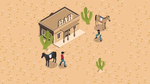 Two cowboy men animation doing old west gunfight while standing in front of bar. Cartoon in 4k resolution