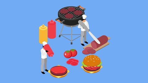 Two chefs animation preparing a hamburger while cooking in the kitchen