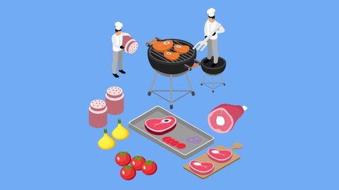 Two chefs animation preparing meat to barbeque while standing in the kitchen. Cartoon in 4k resolution