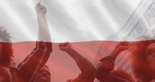 Animation of flag of poland over hands of diverse protesters. ukraine crisis and international politics concept digitally generated video.