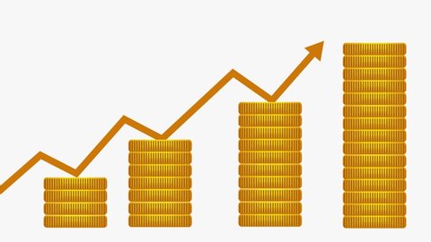 Money falling 4K animation for business. Raising of gold coin business infographic. Gold coins with business chart infographic 4K animation. Business or charity fundraising infographic concept.