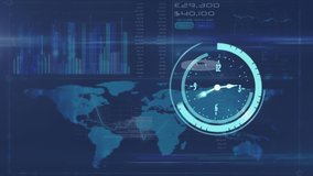 Animation of clock data processing and map on navy background. global communication and data security concept digitally generated video. - Powered by Shutterstock - Get 15% off with code: PIKWIZARD15