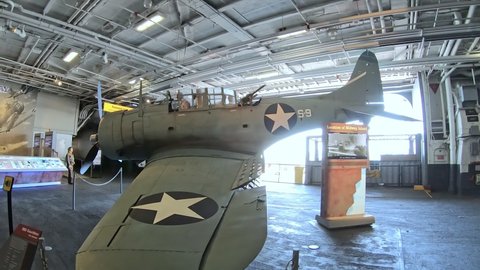San Diego, California, United States - JULY 2018: Douglas SBD Dauntless Dive Bomber of 1940 in USS Midway Battleship Aviation museum. American aircraft served in World War 2.