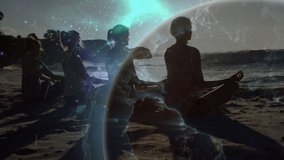 Animation of connections over diverse women practicing yoga on beach at sunset. sporty active lifestyle, connections, technology and digital interface concept digitally generated video. - Powered by Shutterstock - Get 15% off with code: PIKWIZARD15