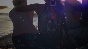 Animation of connections over diverse women having fun on beach at sunset. sporty active lifestyle, connections, technology and digital interface concept digitally generated video.