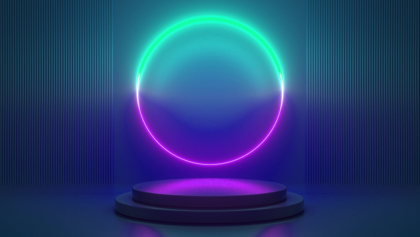 Podium with green purple neon circle. Futuristic showcase with platform for product displaying. Empty modern stage display with neon electric light. Geometric shapes composition. 3d animation loop 4K Royalty-Free Stock Footage #1088605005