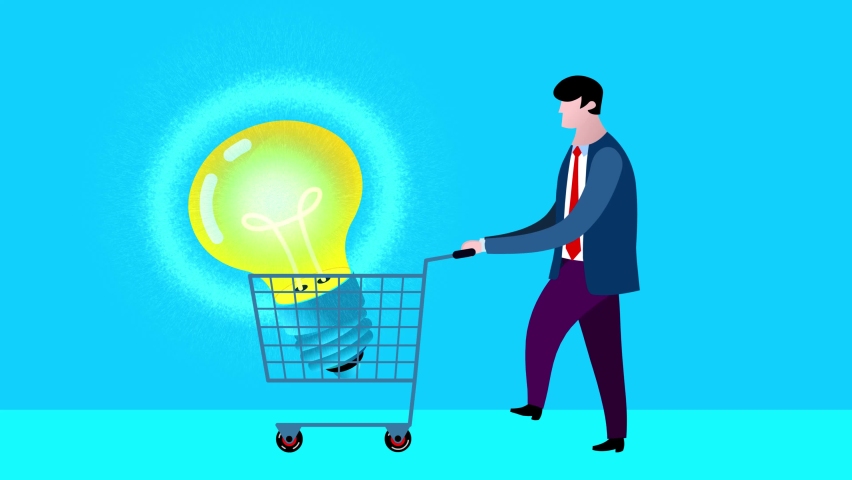 Cartoon businessman with market shopping trolley and bulb inside. Metaphor of buying idea. Concept for sale. Seamless man character loop. Royalty-Free Stock Footage #1088605745