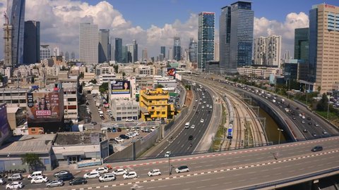 Tel Aviv Azrieli mall skyline - 4k aerial drone footage, Israel - 22.02.2022