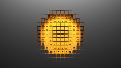 Yellow voxels cut out of gray screen, form circular hole and reveal black background. Abstract 3D animated intro. Alpha channel as matte mask and chroma key color id included.