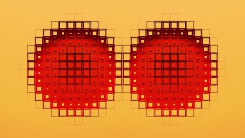 Red voxels on yellow screen form two circular holes and reveal black background. Abstract 3D animated intro. Alpha channel as matte mask and chroma key color id included.