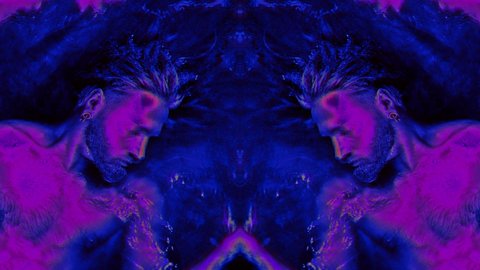 buddhism and meditation, hallucination with male figure, double kaleidoscopic shot in neon lights