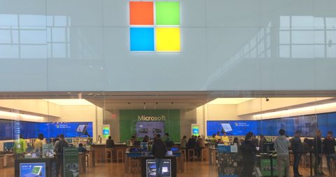 Toronto, Ontario, Canada - April 16, 2019:  People in the Microsoft Store in Yorkdale Shopping Mall.