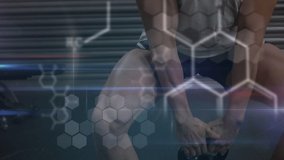 Animation of dna strand spinning over data processing and exercising strongman. global connections, well being, fitness and healthy lifestyle concept digitally generated video.