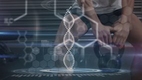 Animation of dna strand spinning over data processing and exercising strongman. global connections, well being, fitness and healthy lifestyle concept digitally generated video. - Powered by Shutterstock - Get 15% off with code: PIKWIZARD15