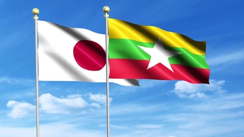 Myanmar, Japan, 3d flags of Myanmar and Japan waving in the wind on sky background.