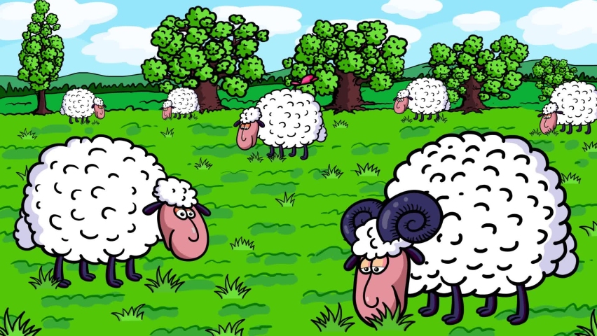 Six white sheep and one ram cartoon character grazing eating grass. Spring is coming animation. Happy butterflies start the season on the green meadow background. Good for titles intro. Seamless loop. Royalty-Free Stock Footage #1088609819