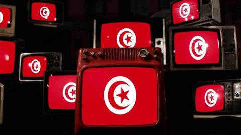 Flag of Tunisia and Vintage Televisions. 4K Resolution.