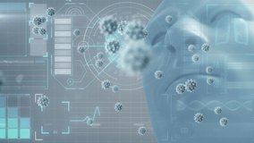 Animation of covid 19 virus cells and digital head over data processing on grey background. global medicine and technology during covid 19 pandemic concept digitally generated video. - Powered by Shutterstock - Get 15% off with code: PIKWIZARD15