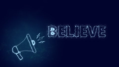 Megaphone banner with text believe. Plexus style of green glowing dots and lines
