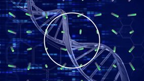 Animation of dna strand and shapes over blue background. science and data processing concept digitally generated video