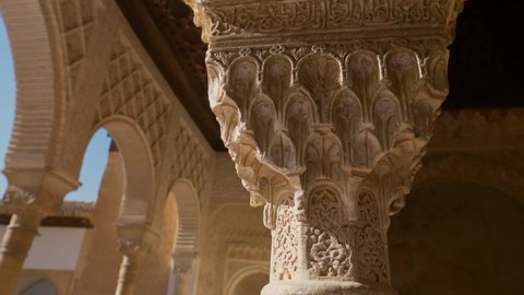 Alhambra palace in Granada, Andalusia, Arabian style interior detail of moorish castle of Alhambra in Spain, famous tourist destination . High quality 4k footage