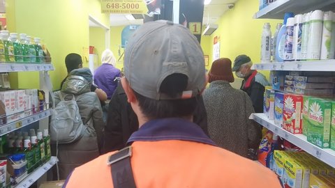 Saint-Petersburg, Russia, March 2022. Line At The Checkout In Minimarket - Social Retail Store Super discounter. Queue of customers at the convenience grocery store