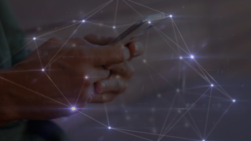 Animation of network of connections over men using smartphone. global communication and data processing concept digitally generated video.