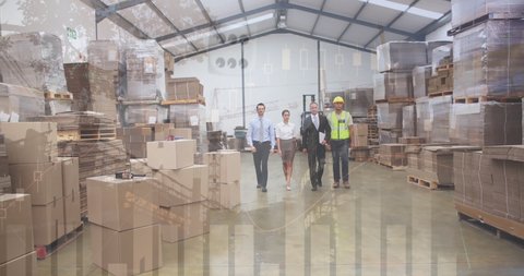 Animation of financial data over diverse male and female warehouse workers. business, finance and delivery services concept digitally generated video.