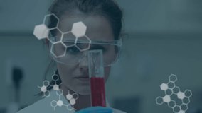 Animation of scientific data over focused caucasian female lab worker. science, human biology, technology and digital interface concept digitally generated video.