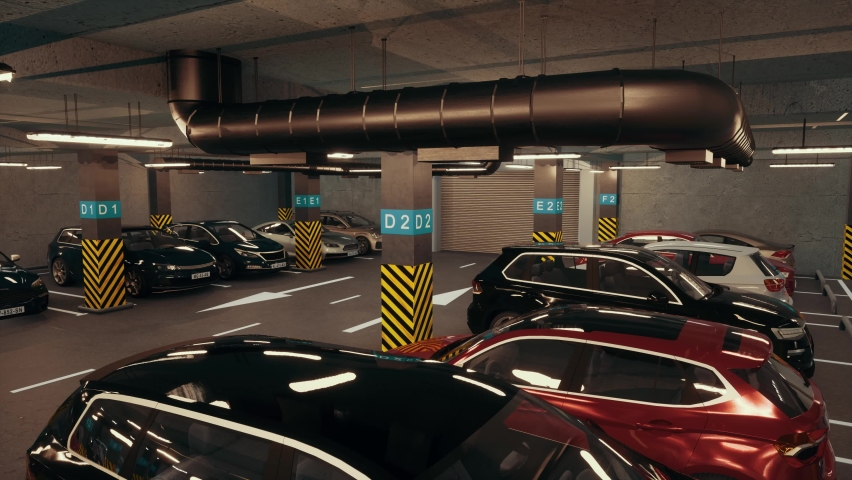 Underground parking with cars. Modern underground parking. Indoor full modern parking Royalty-Free Stock Footage #1088620079