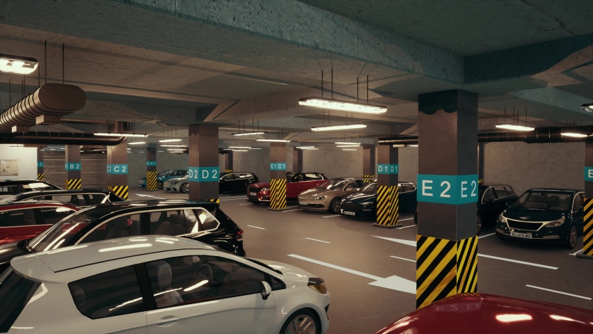 Underground parking with cars. Modern underground parking. Indoor full modern parking Royalty-Free Stock Footage #1088620089