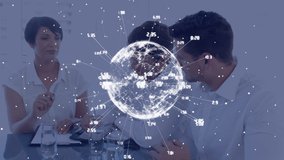 Animation of globe with numbers over diverse business people talking. global business, connections and digital interface concept digitally generated video. - Powered by Shutterstock - Get 15% off with code: PIKWIZARD15