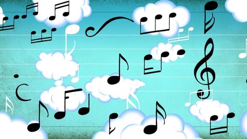 Music notes in the clouds and sky background cartoon animation. Good for videoclip, fairy tales or illustrating music for kids. Long seamless loop. White and black notes. Vídeo Stock
