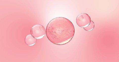 Animation of the fusion of serum and vitamins from five active components. A bright pink sphere of oil, cream, tonic, serum or cosmetics for face or body care.Close-up of a transparent liquid element