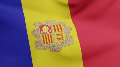 National flag of Andorra waving original size and colors 3D Render, Principality of Andorra flag textile, Bandera d Andorra and coat of arms of Andorra