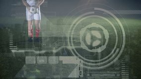 Animation of diverse data processing over legs of caucasian male soccer player over cityscape. global sports, network connections and technology concept digitally generated video.