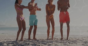 Animation of neon stars changing colours over happy diverse friends dancing on beach. holidays, vacations, friendship and spending time together concept digitally generated video.