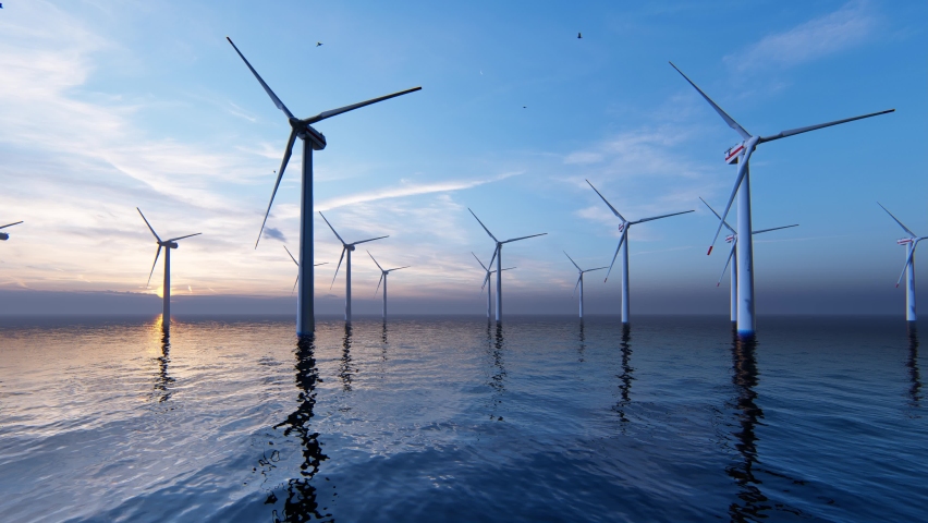 4K ULTRA HD. Offshore wind turbines farm on the ocean. Sustainable energy production, clean power. 3D Animation. | Shutterstock HD Video #1088622731