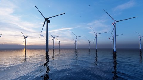 4K ULTRA HD. Offshore wind turbines farm on the ocean. Sustainable energy production, clean power. 3D Animation.