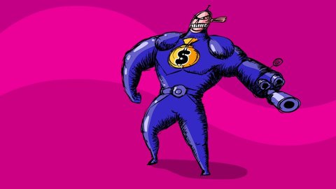 Super dollar blue hero animation cartoon. A pouch with dollars transforms to a dangerous robo superhero cyborg with a dollar pouch on his chest. 