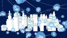 Animation of network of connections with icons over 3d architectural city model. global networks, development and digital interface concept digitally generated video. - Powered by Shutterstock - Get 15% off with code: PIKWIZARD15