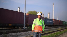 Engineer wearing safety uniform ,helmet holding tablet and radio communication for inspection and check container freight truck railway distribution ,there are logistic transportation business.
