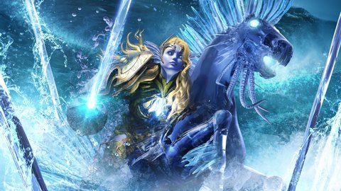 A beautiful blue-eyed cavalryman girl in golden plate armor rides a water horse riding a magic lance into battle on huge sea waves, she is underwater inhabitant clean looped 2d animation