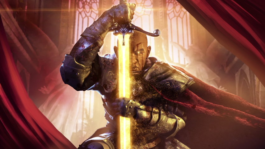 A wounded black paladin warrior in enchanted armor with a red cloak leans on a magic sword with a golden glow, looks with anger, he is stoic, guards the holy place. clean looped 2d animation